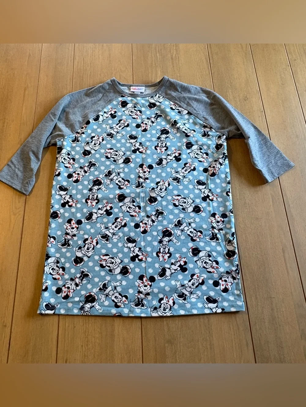 LuLaRoe Disney Minnie Mouse Raglan Tee Girls 14 Blue Gray Polka Dot Graphic